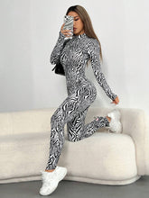 1pc Fashionable Zebra Striped Stand Collar Long Sleeve Jumpsuit For Spring And Autumn